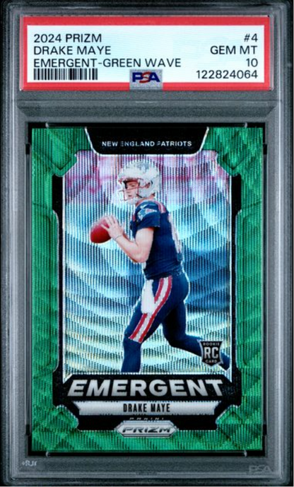 Graded 2024 Panini Prizm Drake Maye #4 Emergent Green Wave Rookie RC Football Card PSA 10 Gem Mint