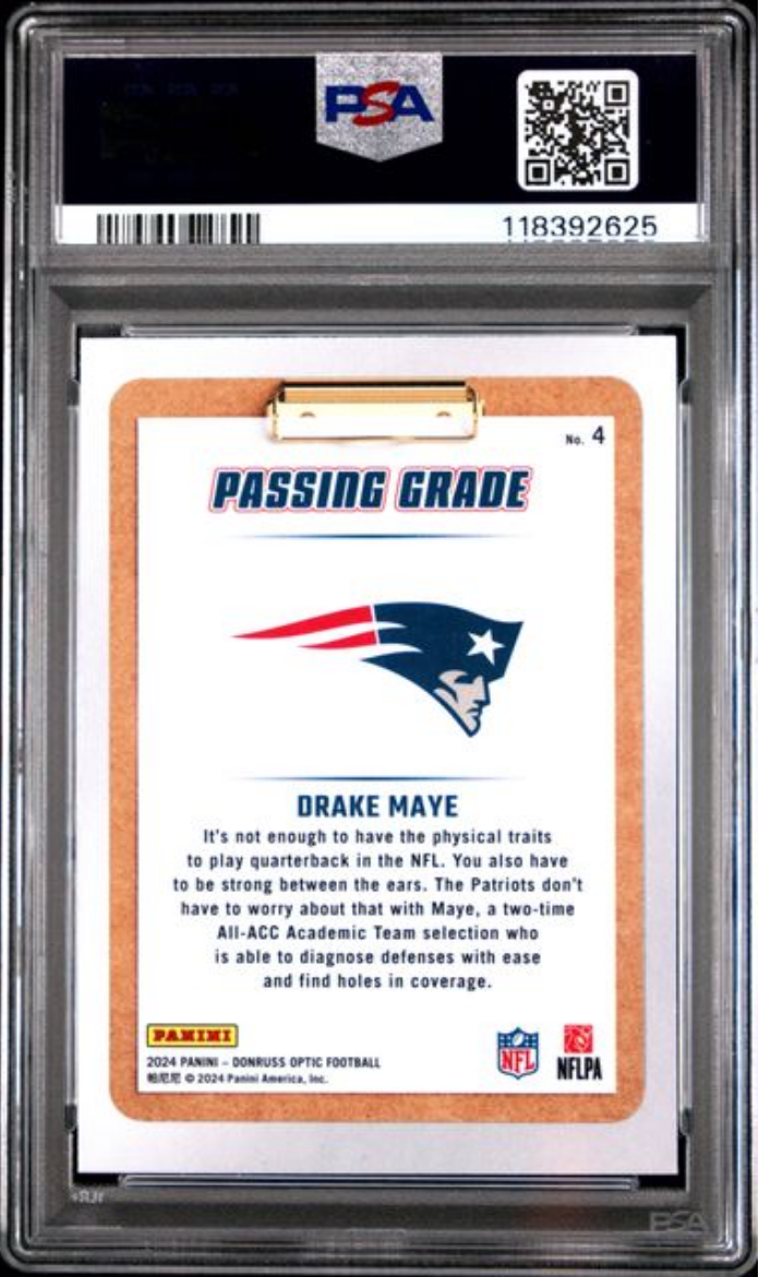 Graded 2024 Panini Donruss Optic Drake Maye #4 Passing Grade Rookie RC Football Card PSA 10 Gem Mint