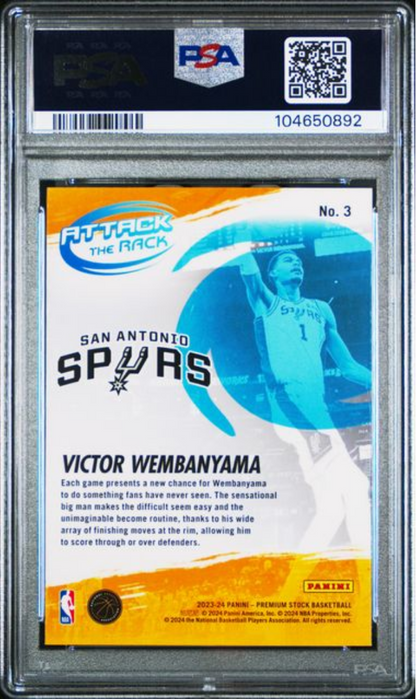 Graded 2023 Panini NBA Hoops Premium Stock Victor Wembanyama #3 Attack The Rack Rookie RC Basketball Card PSA 10 Gem Mint