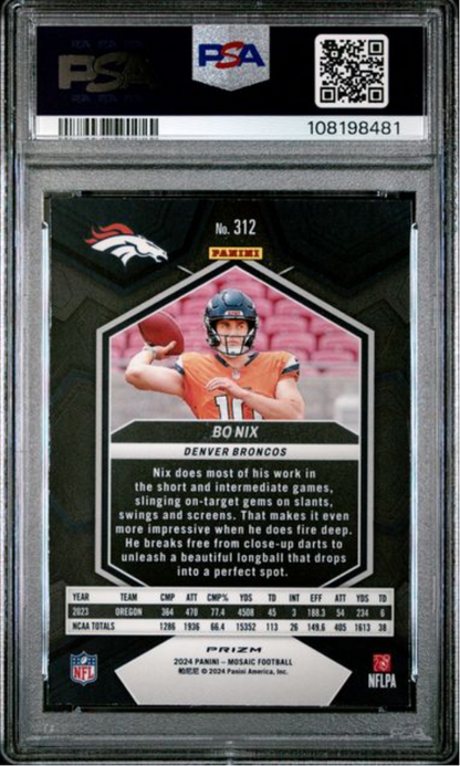 Graded 2024 Panini Mosaic Bo Nix #312 Mosaic Rookie RC Football Card PSA 10 Gem Mint