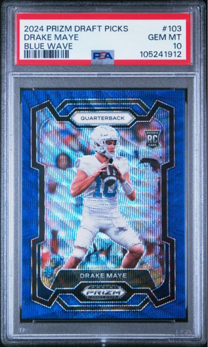 Graded 2024 Panini Prizm Draft Picks Drake Maye #103 Blue Wave /249 Rookie RC Football Card PSA 10 Gem Mint