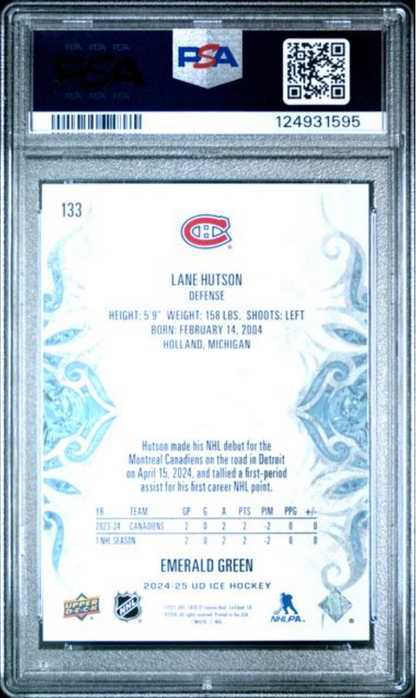 Graded 2024 Upper Deck Ice Lane Hutson #133 Emerald Green Rookie RC Hockey Card PSA 10 Gem Mint