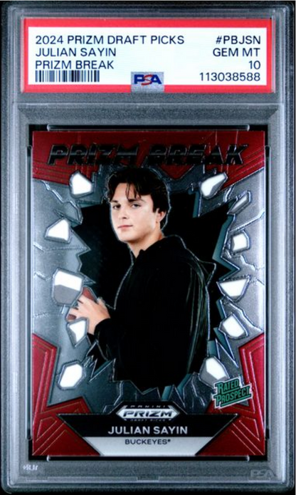Graded 2024 Panini Prizm Draft Picks Julian Sayin #PBJSN Prizm Break Rookie RC Football Card PSA 10 Gem Mint