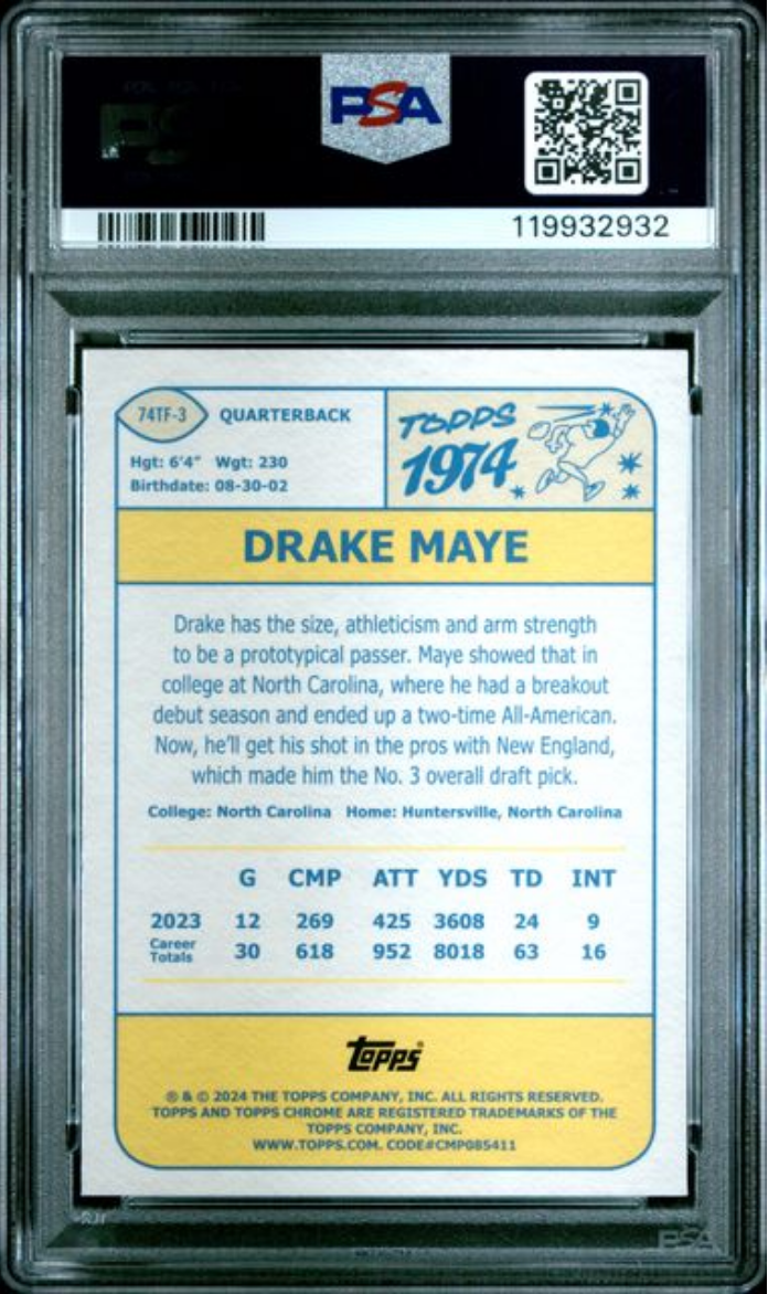 Graded 2024 Topps Chrome Drake Maye #74TF3 1974 Topps Football Rookie RC Football Card PSA 10 Gem Mint