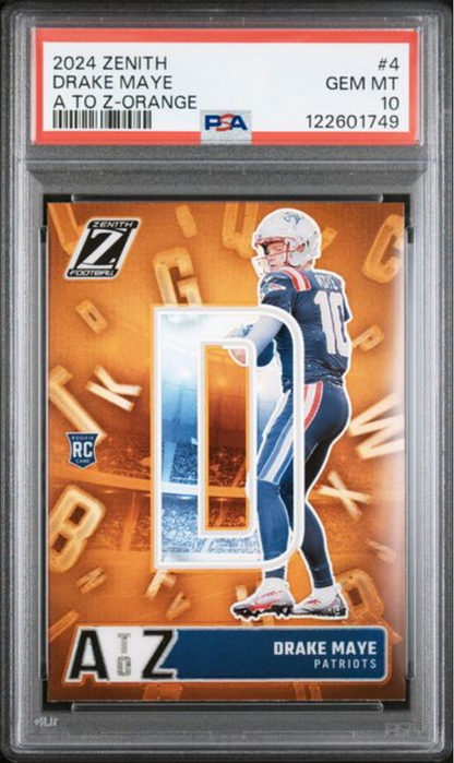 Graded 2024 Panini Zenith Drake Maye #4 A to Z Orange Rookie RC Football Card PSA 10 Gem Mint
