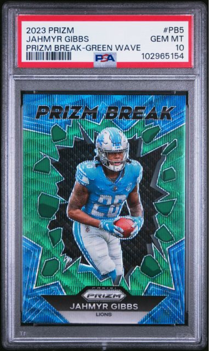Graded 2023 Panini Prizm Jahmyr Gibbs #PB5 Prizm Break Green Wave Rookie RC Football Card PSA 10 Gem Mint