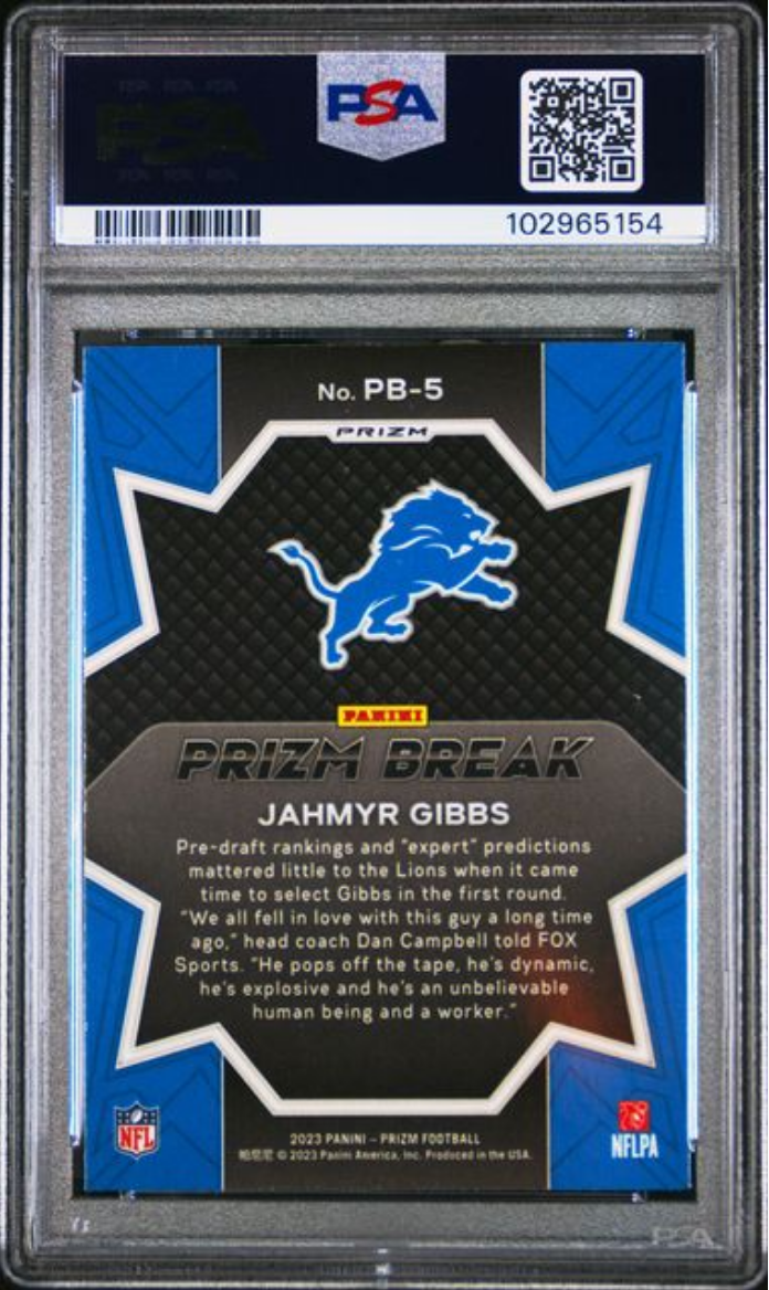 Graded 2023 Panini Prizm Jahmyr Gibbs #PB5 Prizm Break Green Wave Rookie RC Football Card PSA 10 Gem Mint