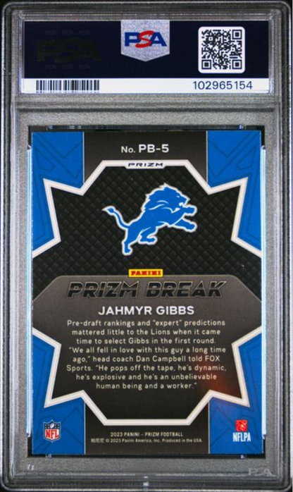 Graded 2023 Panini Prizm Jahmyr Gibbs #PB5 Prizm Break Green Wave Rookie RC Football Card PSA 10 Gem Mint