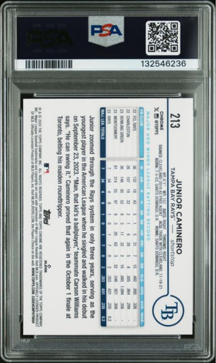 Graded 2024 Topps Chrome Junior Caminero #213 Raywave Rookie RC Baseball Card PSA 10 Gem Mint