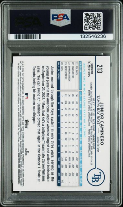 Graded 2024 Topps Chrome Junior Caminero #213 Raywave Rookie RC Baseball Card PSA 10 Gem Mint