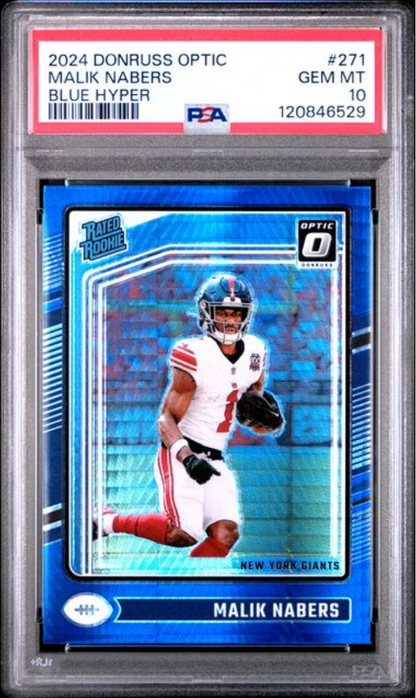 Graded 2024 Panini Donruss Optic Malik Nabers #271 Blue Hyper Rookie RC Football Card PSA 10 Gem Mint