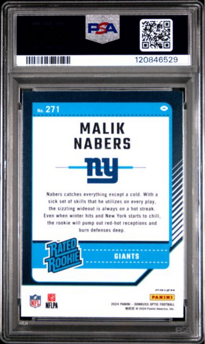 Graded 2024 Panini Donruss Optic Malik Nabers #271 Blue Hyper Rookie RC Football Card PSA 10 Gem Mint