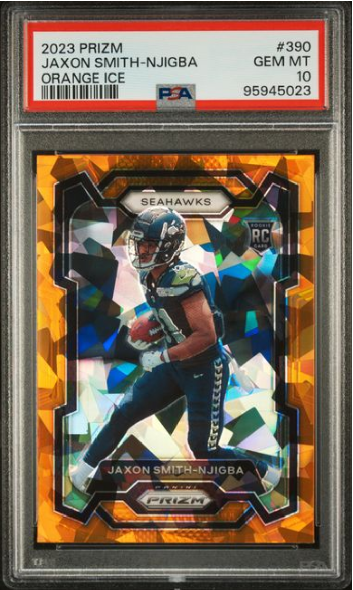 Graded 2023 Panini Prizm Jaxon Smith-Njigba #390 Orange Ice Rookie RC Football Card PSA 10 Gem Mint