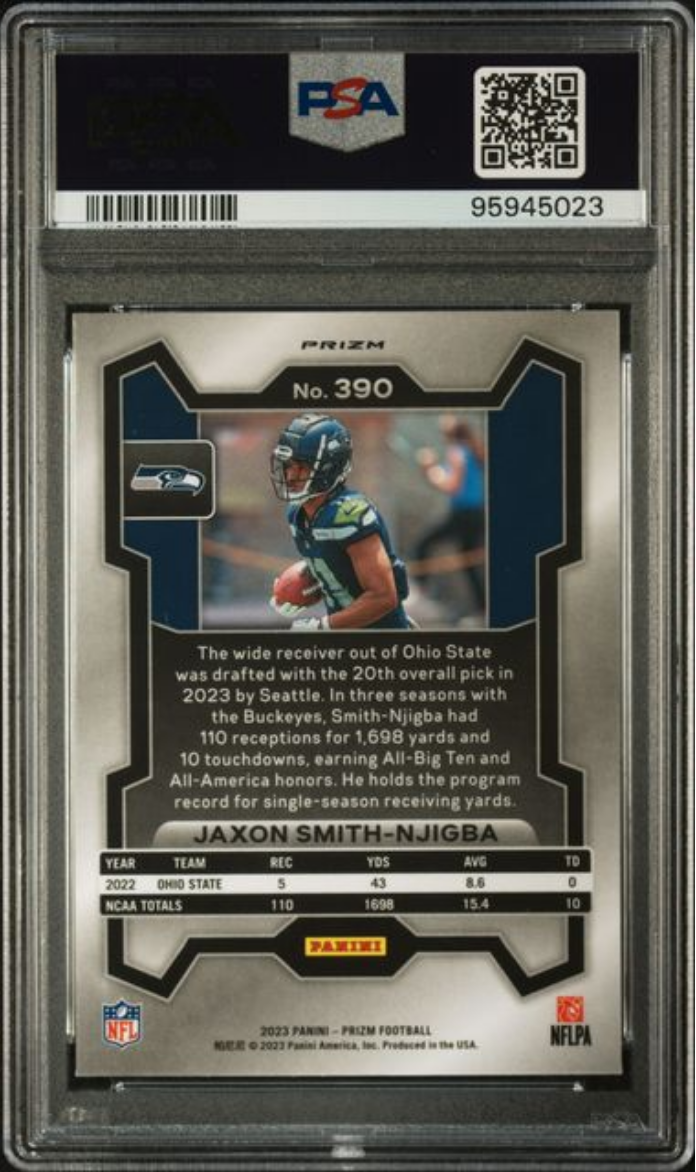 Graded 2023 Panini Prizm Jaxon Smith-Njigba #390 Orange Ice Rookie RC Football Card PSA 10 Gem Mint