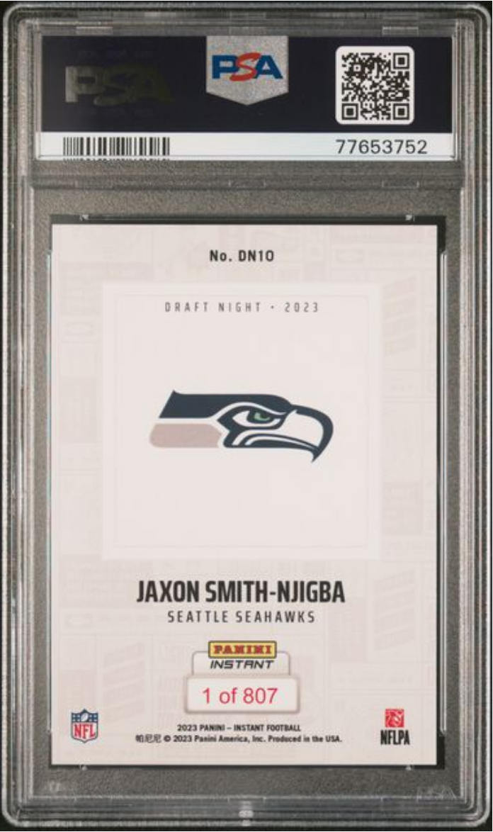 Graded 2023 Panini Instant Jaxon Smith-Njigba #DN10 NFL Draft Night /807 Rookie RC Football Card PSA 10 Gem Mint