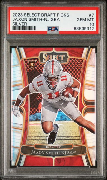 Graded 2023 Panini Select Draft Picks Jaxon Smith-Njigba #7 Silver Rookie RC Football Card PSA 10 Gem Mint