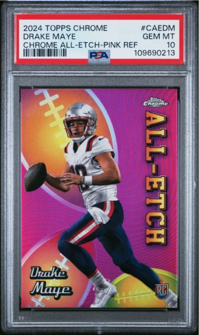 Graded 2024 Topps Chrome Drake Maye #CAEDM Chrome All Etch Pink Refractor Rookie RC Football Card PSA 10 Gem Mint