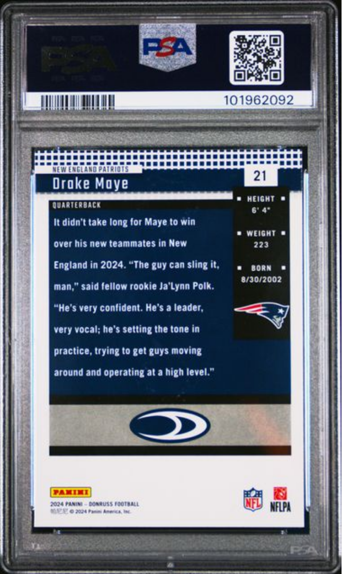 Graded 2024 Panini Donruss Drake Maye #21 Retro 2004 Rookie RC Football Card PSA 10 Gem Mint
