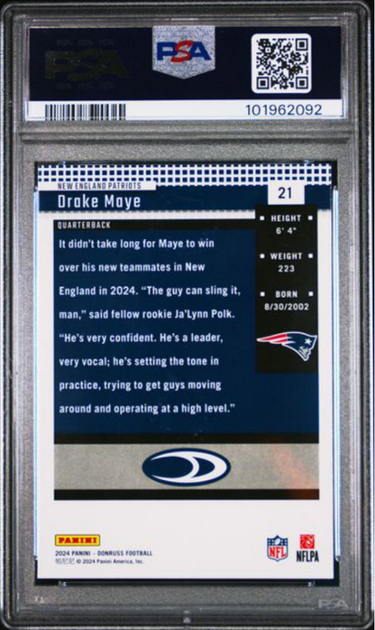 Graded 2024 Panini Donruss Drake Maye #21 Retro 2004 Rookie RC Football Card PSA 10 Gem Mint