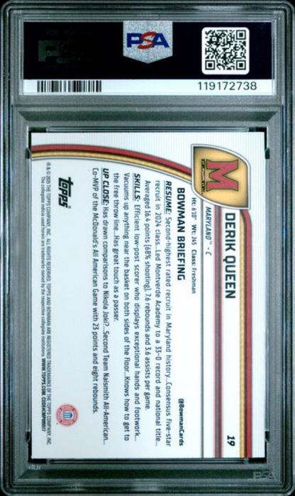 Graded 2024 Topps Bowman Chrome U Derik Queen #19 Rookie RC Basketball Card PSA 10 Gem Mint