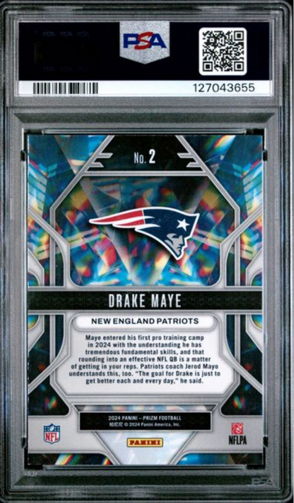 Graded 2024 Panini Prizm Drake Maye #2 Prizmatic Rookie RC Football Card PSA 9 Mint