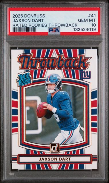 Graded 2025 Panini Donruss Jaxson Dart #41 Rated Rookies Throwback Rookie RC Football Card PSA 10 Gem Mint