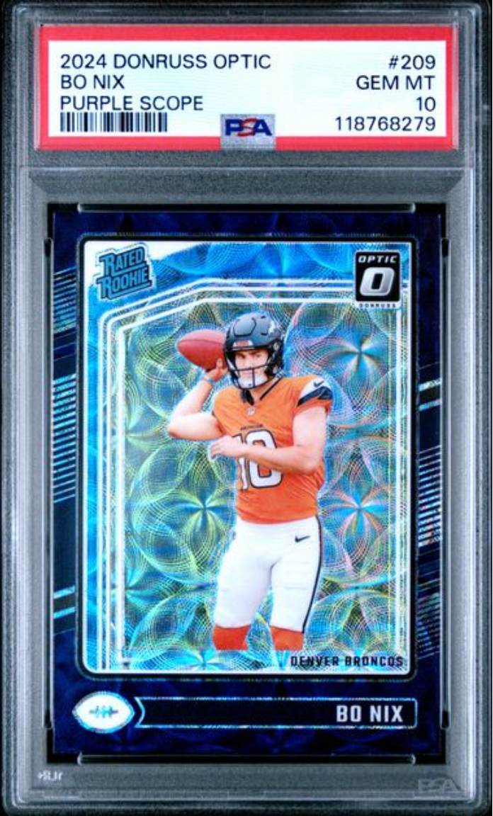 Graded 2024 Panini Donruss Optic Bo Nix #209 Purple Scope Rookie RC Football Card PSA 10 Gem Mint