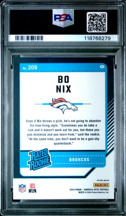 Graded 2024 Panini Donruss Optic Bo Nix #209 Purple Scope Rookie RC Football Card PSA 10 Gem Mint