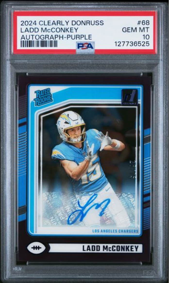 Graded 2024 Panini Clearly Donruss Ladd McConkey #68 Autograph Purple /75 Rookie RC Football Card PSA 10 Gem Mint