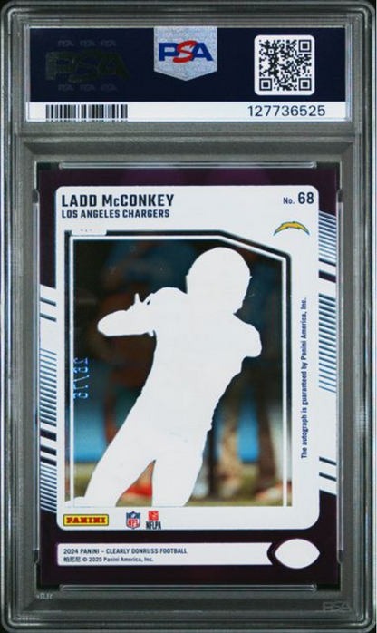 Graded 2024 Panini Clearly Donruss Ladd McConkey #68 Autograph Purple /75 Rookie RC Football Card PSA 10 Gem Mint