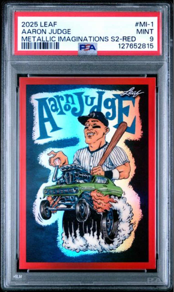 Graded 2025 Leaf Aaron Judge #MI1 Metallic Imaginations Series 2 Red /199 Baseball Card PSA 9 Mint