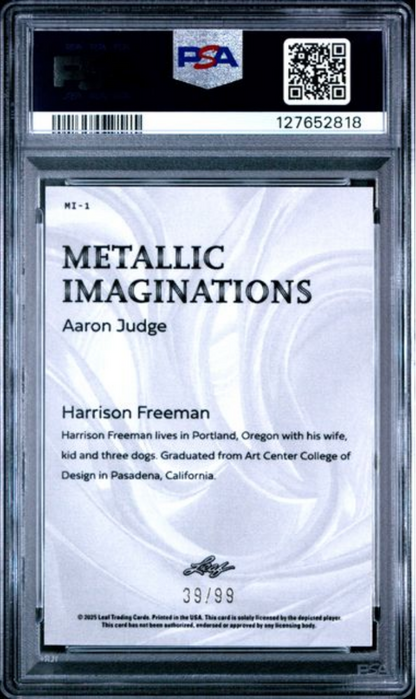 Graded 2025 Leaf Aaron Judge #MI1 Metallic Imaginations Series 2 Gold /99 Baseball Card PSA 10 Gem Mint