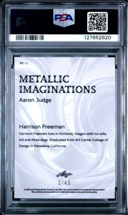 Graded 2025 Leaf Aaron Judge #MI1 Metallic Imaginations Series 2 Blue /49 Baseball Card PSA 10 Gem Mint