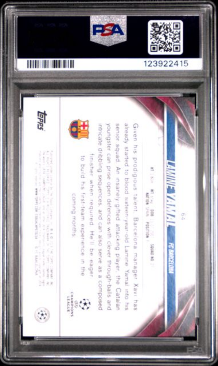 Graded 2023 Topps UEFA CC Lamine Yamal #64 Rookie RC Soccer Card PSA 9 Mint