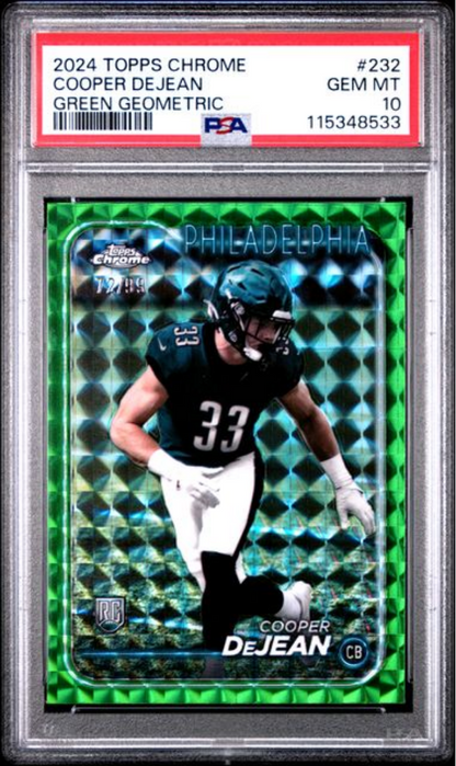Graded 2024 Topps Chrome Cooper DeJean #232 Green Geometric /99 Rookie RC Football Card PSA 10 Gem Mint