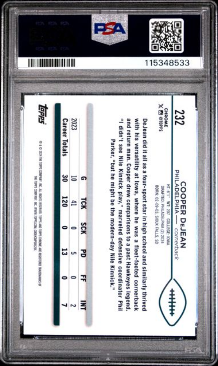 Graded 2024 Topps Chrome Cooper DeJean #232 Green Geometric /99 Rookie RC Football Card PSA 10 Gem Mint