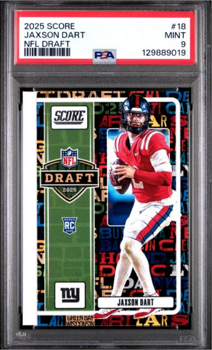 Graded 2025 Panini Score Jaxson Dart #18 NFL Draft Rookie RC Football Card PSA 9 Mint