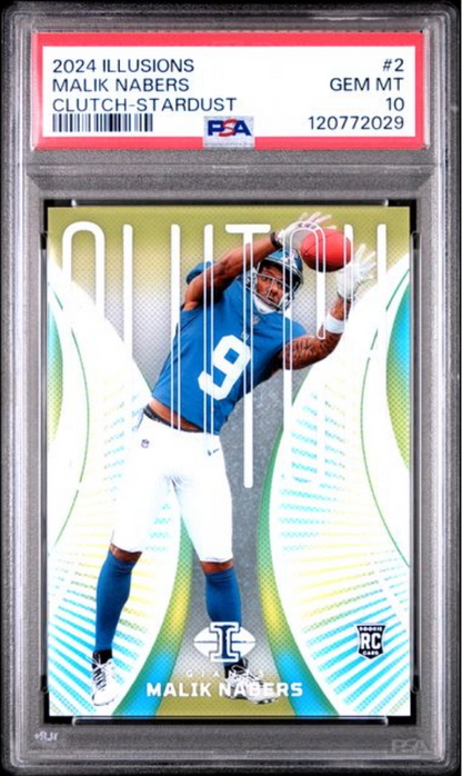 Graded 2024 Panini Illusions Malik Nabers #2 Clutch Stardust Rookie RC Football Card PSA 10 Gem Mint