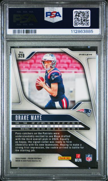 Graded 2024 Panini Prizm Drake Maye #329 Green Wave Rookie RC Football Card PSA 9 Mint