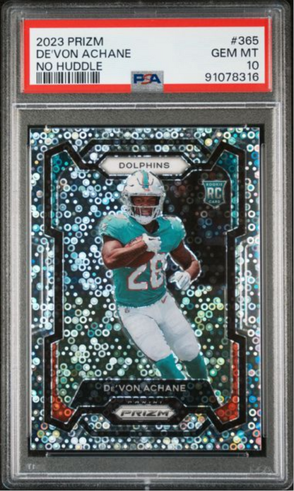 Graded 2023 Panini Prizm Devon Achane #365 No Huddle Rookie RC Football Card PSA 10 Gem Mint