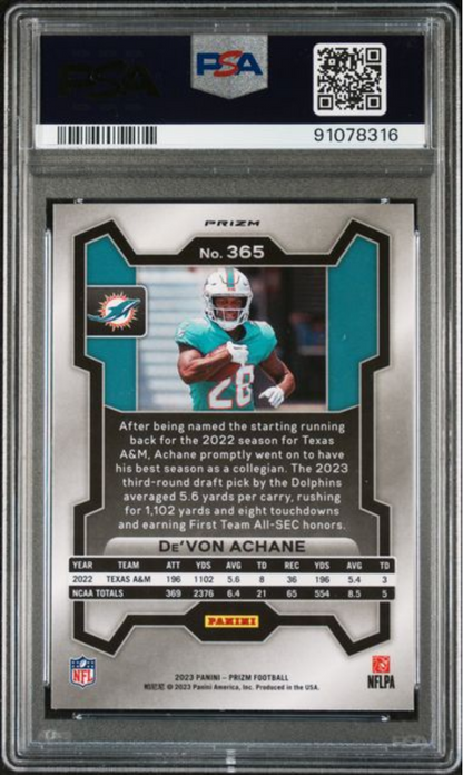 Graded 2023 Panini Prizm Devon Achane #365 No Huddle Rookie RC Football Card PSA 10 Gem Mint