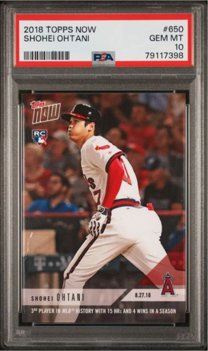 Graded 2018 Topps Now Shohei Ohtani #650 3rd Player in MLB History with 15HRs & 4 Wins in a Season Rookie RC Baseball Card PSA 10 Gem Mint