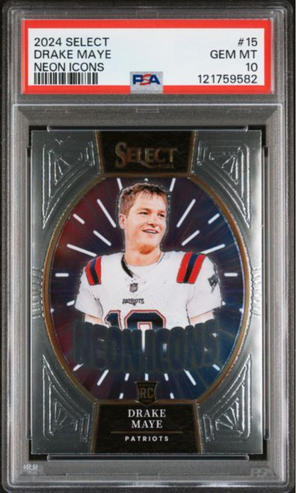 Graded 2024 Panini Select Drake Maye #15 Neon Icons Rookie RC Football Card PSA 10 Gem Mint
