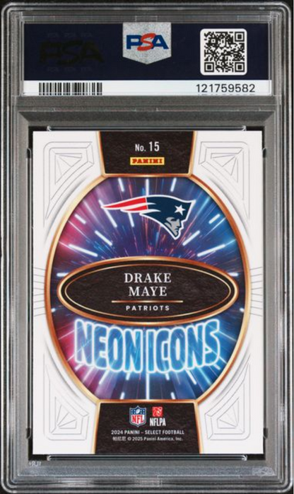 Graded 2024 Panini Select Drake Maye #15 Neon Icons Rookie RC Football Card PSA 10 Gem Mint