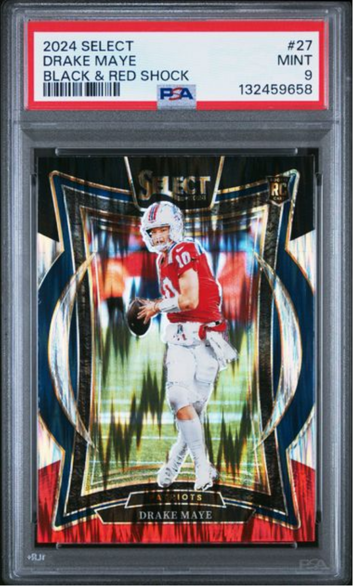 Graded 2024 Panini Select Drake Maye #27 Black & Red Shock Rookie RC Football Card PSA 9 Mint