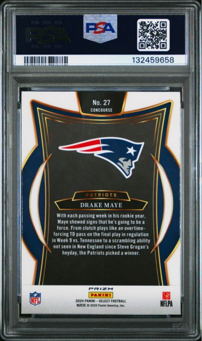 Graded 2024 Panini Select Drake Maye #27 Black & Red Shock Rookie RC Football Card PSA 9 Mint