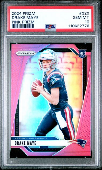 Graded 2024 Panini Prizm Drake Maye #329 Pink Prizm Rookie RC Football Card PSA 10 Gem Mint