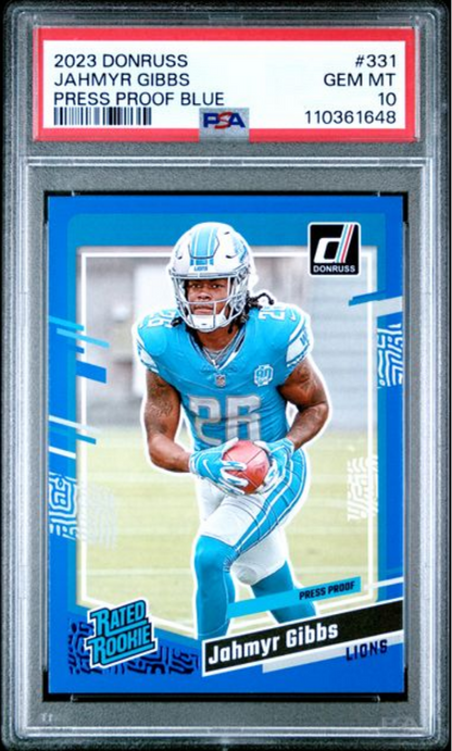 Graded 2023 Panini Donruss Jahmyr Gibbs #331 Press Proof Blue Rookie RC Football Card PSA 10 Gem Mint