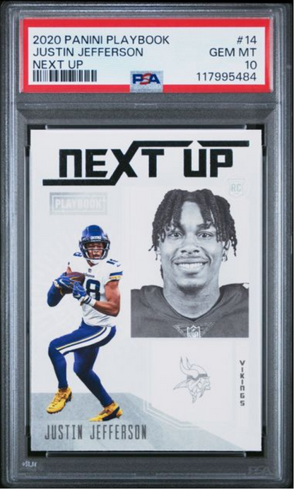 Graded 2020 Panini Playbook Justin Jefferson #14 Next Up Rookie RC Football Card PSA 10 Gem Mint