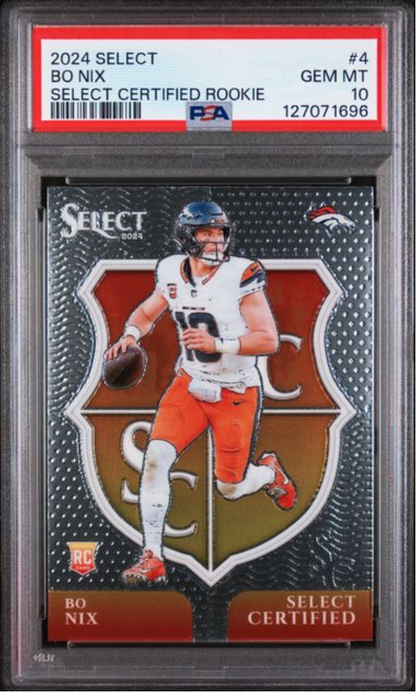 Graded 2024 Panini Select Bo Nix #4 Select Certified Rookie RC Football Card PSA 10 Gem Mint